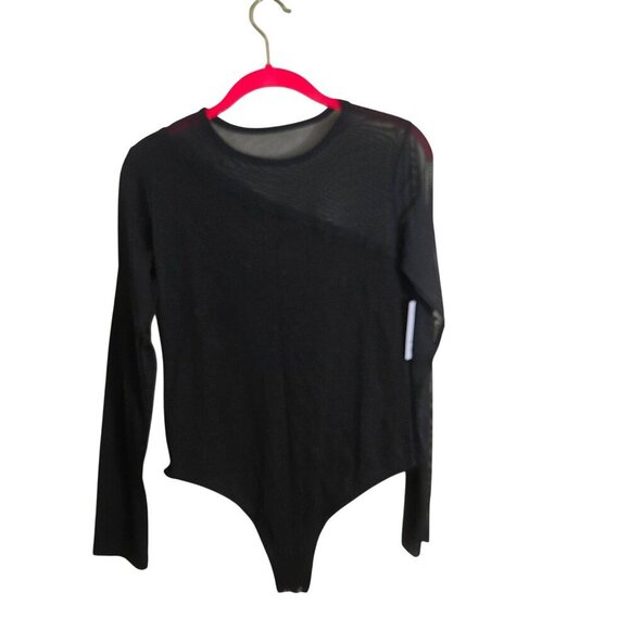 SO NWT Black Mesh Asymmetric Long Sleeve Scoop Neck Body Suit Size L - Picture 1 of 7